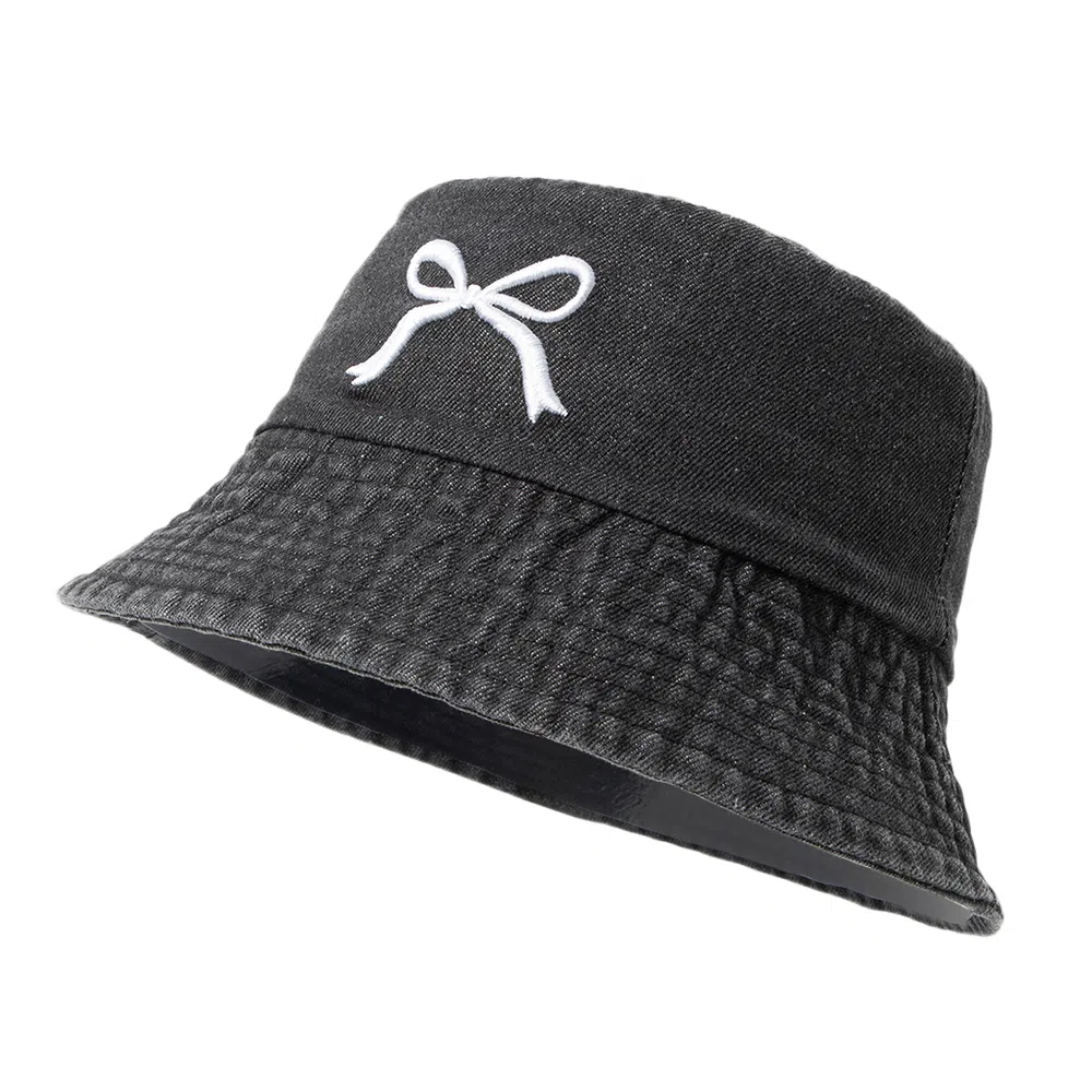 白卷 夏季遮阳百搭牛仔蝴蝶结刺绣 棉 渔夫帽 男女同款情侣款
