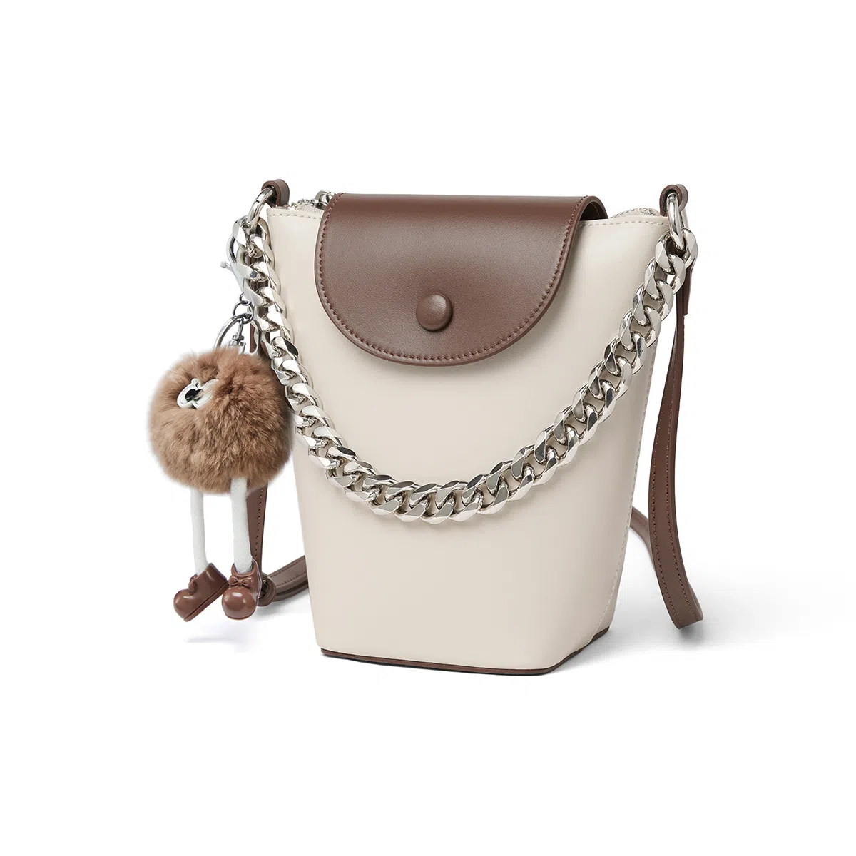 红蜻蜓 简约可爱小公仔拼接撞色通勤实用 牛皮  水桶包单肩包手提包斜挎包 常规 女款 米白色