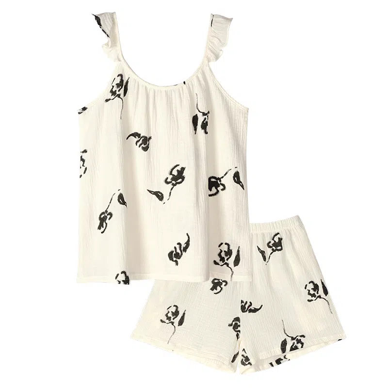 歌倩雅 纯棉圆领套头舒适透气无袖上衣松紧腰休闲短裤睡衣套装 女款 米色