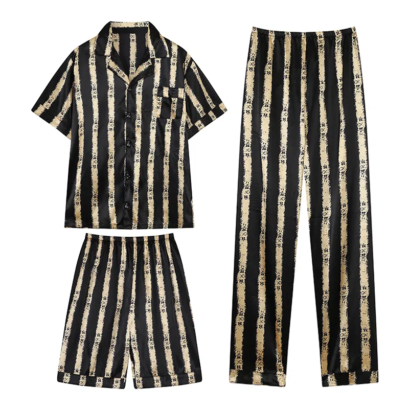 兰缪 简约亲肤舒适透气条纹翻领开衫短袖休闲可外穿家居服短裤长裤三件套睡衣套装 男款 黑色