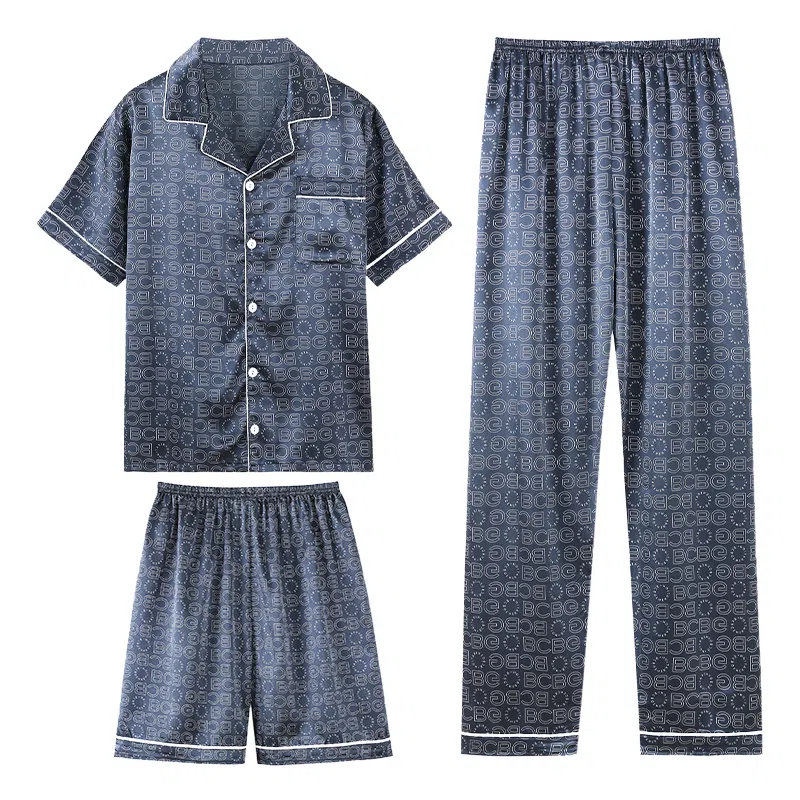 兰缪 简约亲肤舒适透气翻领开衫短袖休闲可外穿满印字母短裤长裤睡衣套装 男款 深蓝色