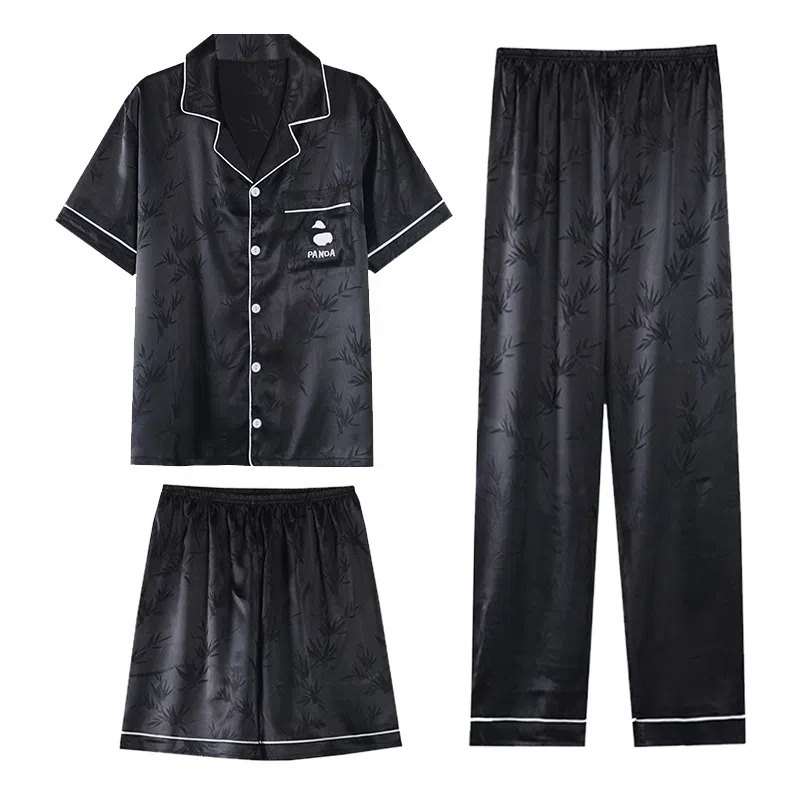 兰缪 简约亲肤舒适透气柔软纯色翻领开衫短袖休闲可外穿家居服短裤长裤睡衣套装 男款 黑色