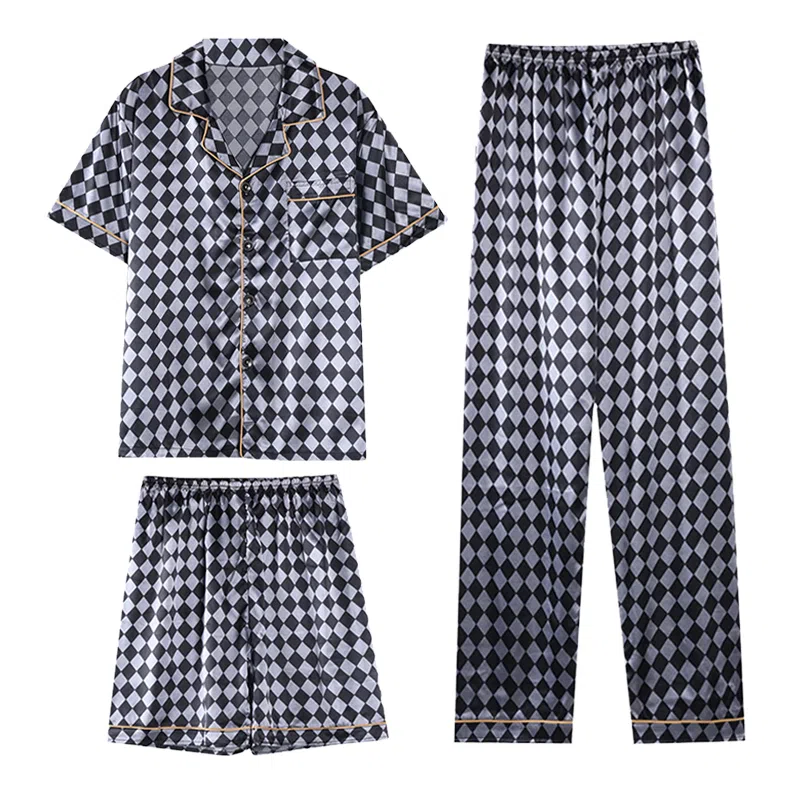 兰缪 简约亲肤舒适透气翻领开衫短袖休闲可外穿家居服格子短裤长裤睡衣套装 男款 黑色