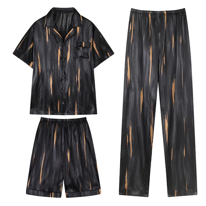 兰缪 亲肤舒适透气柔软翻领开衫短袖休闲可外穿家居服短裤长裤睡衣套装 男款 黑色