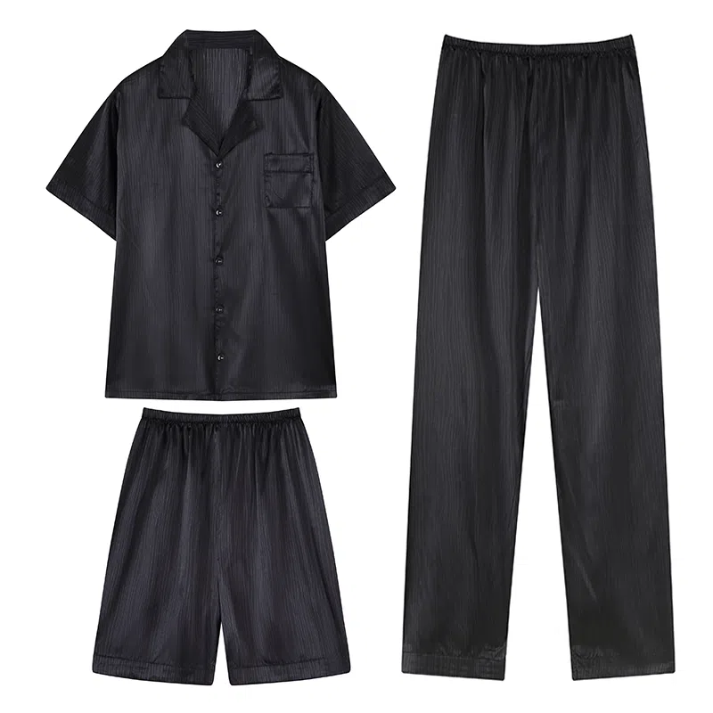 兰缪 简约亲肤舒适透气纯色翻领开衫短袖休闲可外穿家居服短裤长裤睡衣套装 男款 黑色