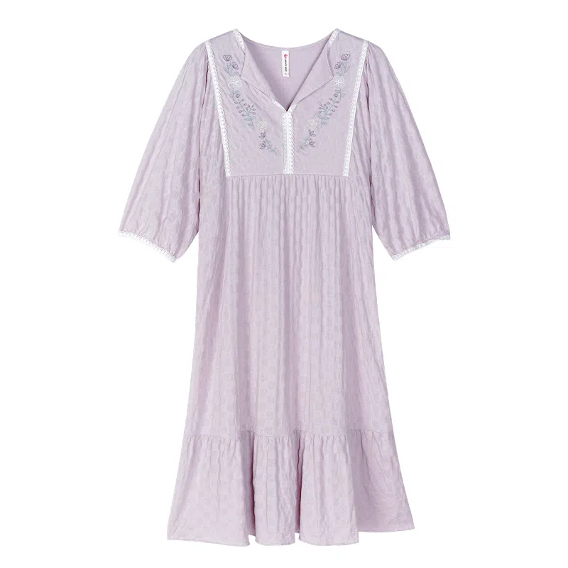 歌倩雅 植物花卉刺绣拼接蕾丝边舒适凉感短袖睡裙 女款 紫色