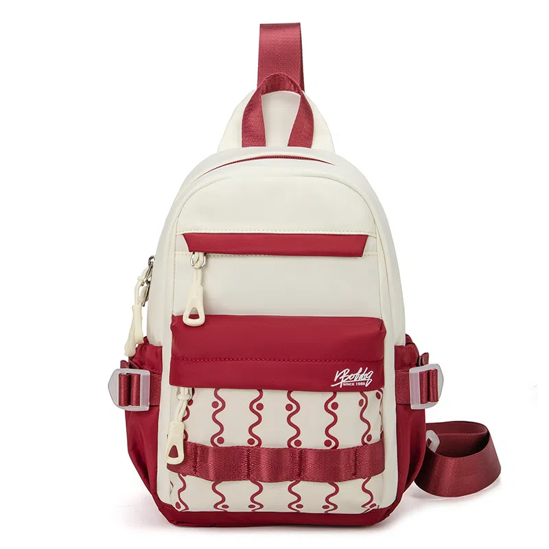 巴布豆 休闲时尚拉链开合 牛津布 胸包 常规 男女同款情侣款 米白棕/米白红/纯黑色