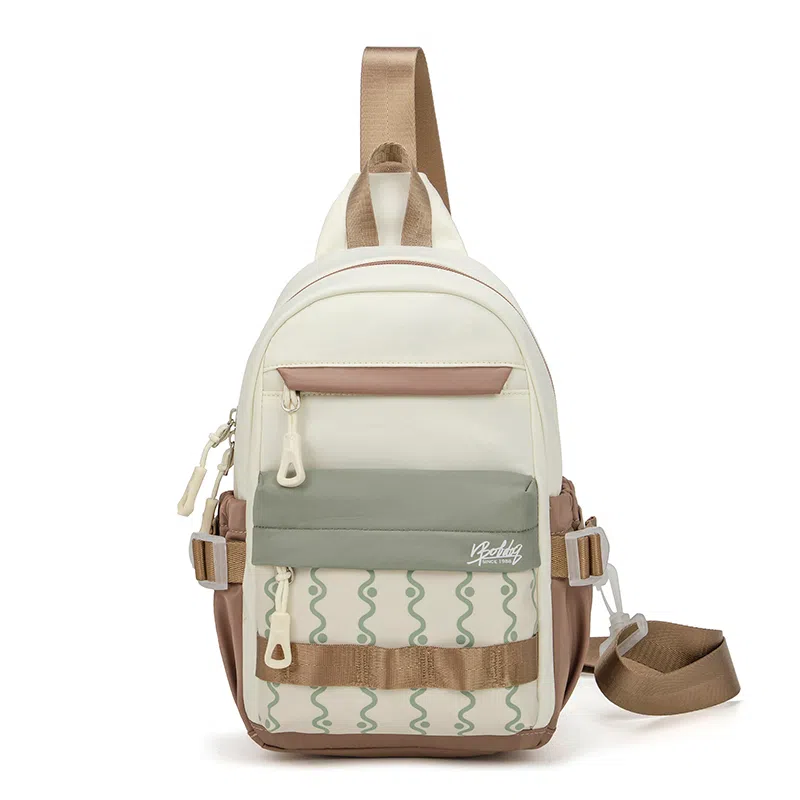 巴布豆 休闲时尚拉链开合 牛津布 胸包 常规 男女同款情侣款 米白棕/米白红/纯黑色