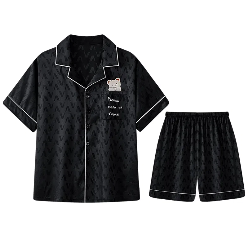 兰缪 简约亲肤舒适凉感翻领短袖开衫休闲可外穿短裤睡衣套装 男款 黑色