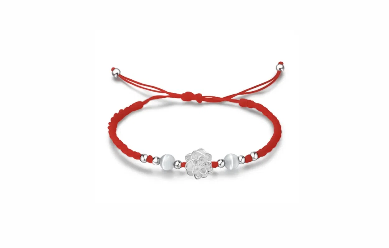 牧言 国潮复古新中式气质简约小众设计高级感 光面立体花朵圆珠编织绳手饰 合金 莲花手链 男女同款情侣款