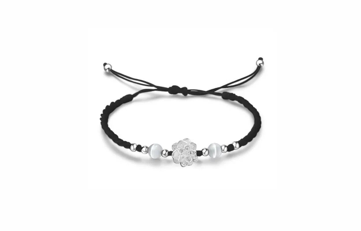 牧言 国潮复古新中式气质简约小众设计高级感 光面立体花朵圆珠编织绳手饰 合金 莲花手链 男女同款情侣款