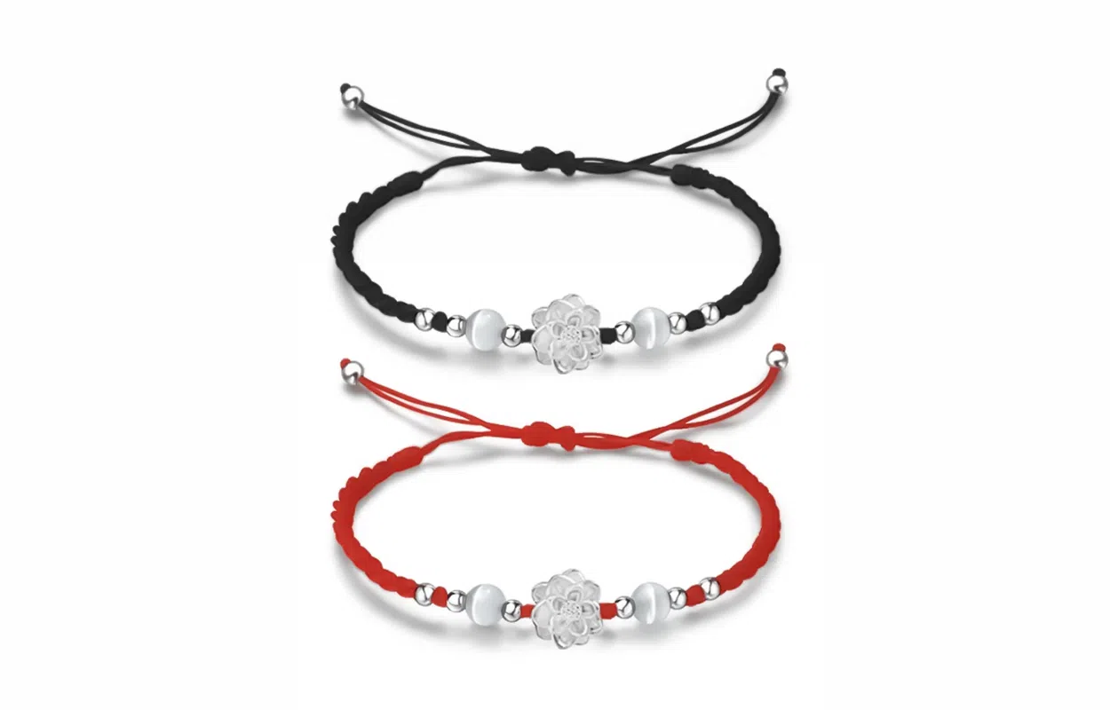 牧言 国潮复古新中式气质简约小众设计高级感 光面立体花朵圆珠编织绳手饰 合金 莲花手链 男女同款情侣款