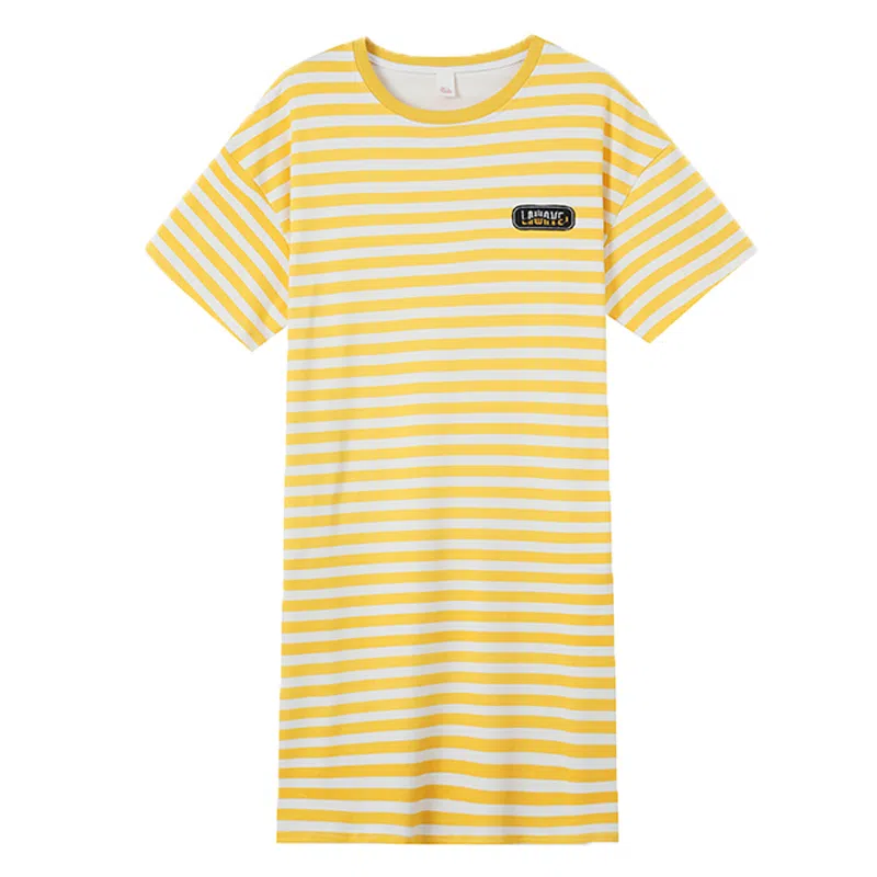 莫代尔 简约亲肤短袖裙带胸垫防凸可外穿透气睡裙 女款 黄白条纹