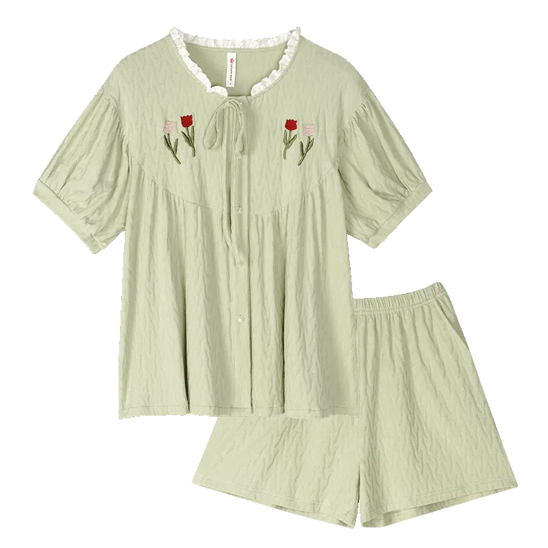 歌倩雅 简约亲肤舒适小清新短袖休闲可外穿短裤睡衣套装 女款 浅绿色