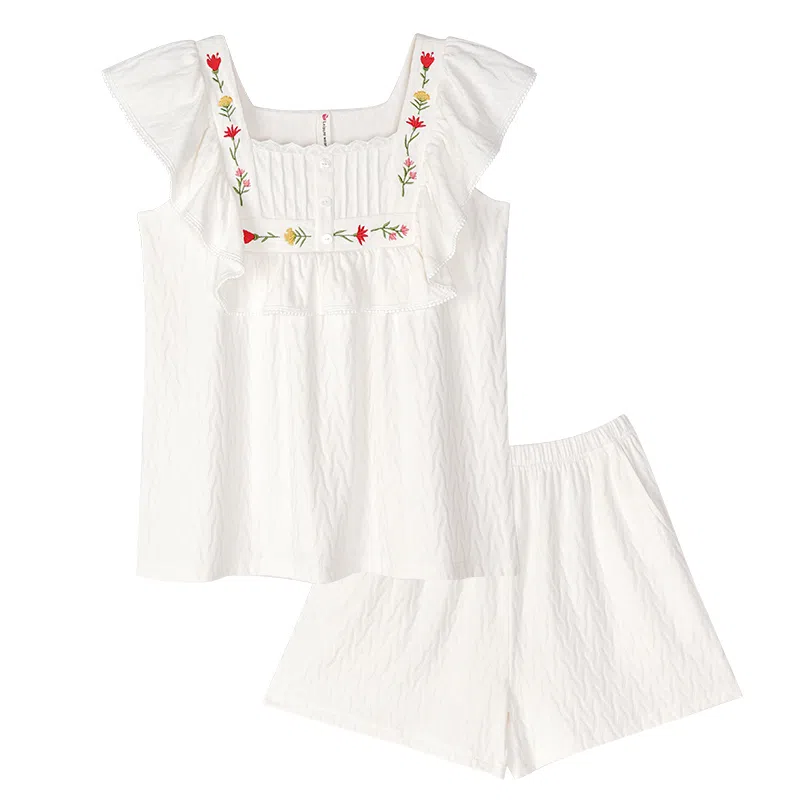 歌倩雅 舒适透气无袖上衣松紧腰短裤睡衣套装 女款 白色