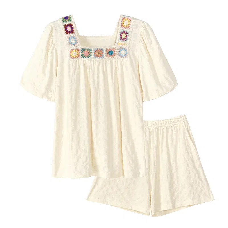 歌倩雅 简约亲肤舒适透气短袖休闲可外穿短裤睡衣套装 女款 米白色