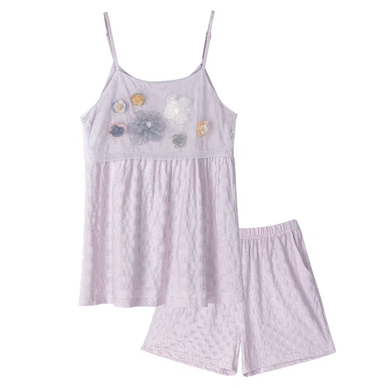 歌倩雅 亲肤凉感无袖上衣舒适透气短裤睡衣套装 女款 浅紫色