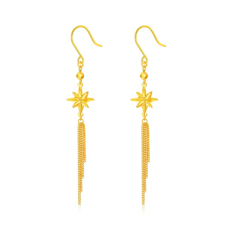 璀璨之心 拉丝八芒星流苏 精致轻奢小众高级感设计时尚百搭气质温柔 浪漫恋爱表白日心意礼盒 足金 按克计价 黄金耳钉 女款