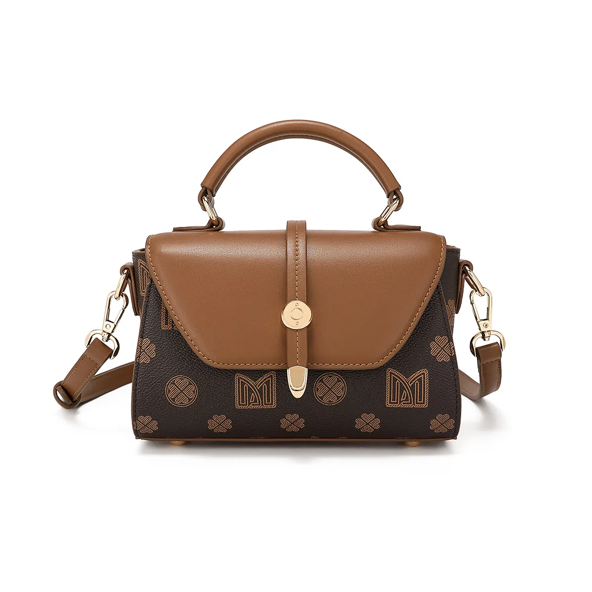 稻草人 复古老花撞色通印防水耐磨可调节肩 聚氯乙烯革拼聚氨酯革 小方包手提小包斜挎包带单肩包 小号 女款 深棕色/米白