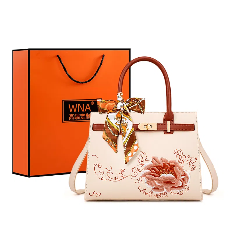 维尼奥 大气国风百合花刺绣小众大容量优雅妈妈 合成革 手提包单肩斜挎包 女款 米白色/杏色