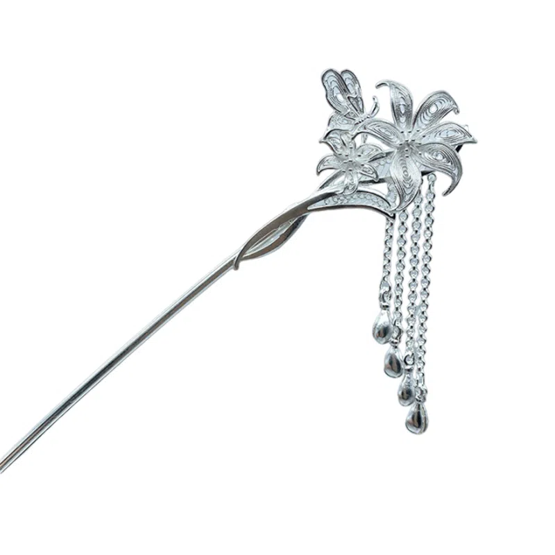 妖娆猫 新中式蝴蝶古风足银发簪女国风流苏步摇盘发头饰汉服旗袍古装发钗簪子高级感礼品女生妈妈 发饰 女款