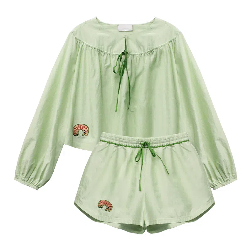 桑罗 亲肤休闲长袖舒适透气短裤睡衣套装 女款 青玉石