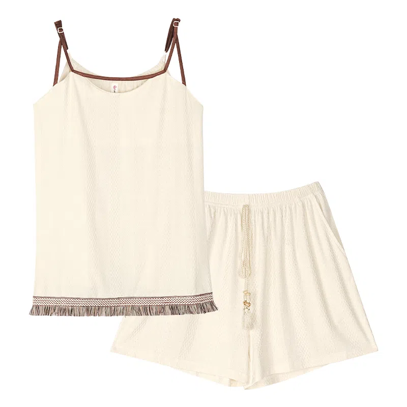 歌倩雅 薄款简约无袖上衣休闲凉感短裤睡衣套装 女款 米色