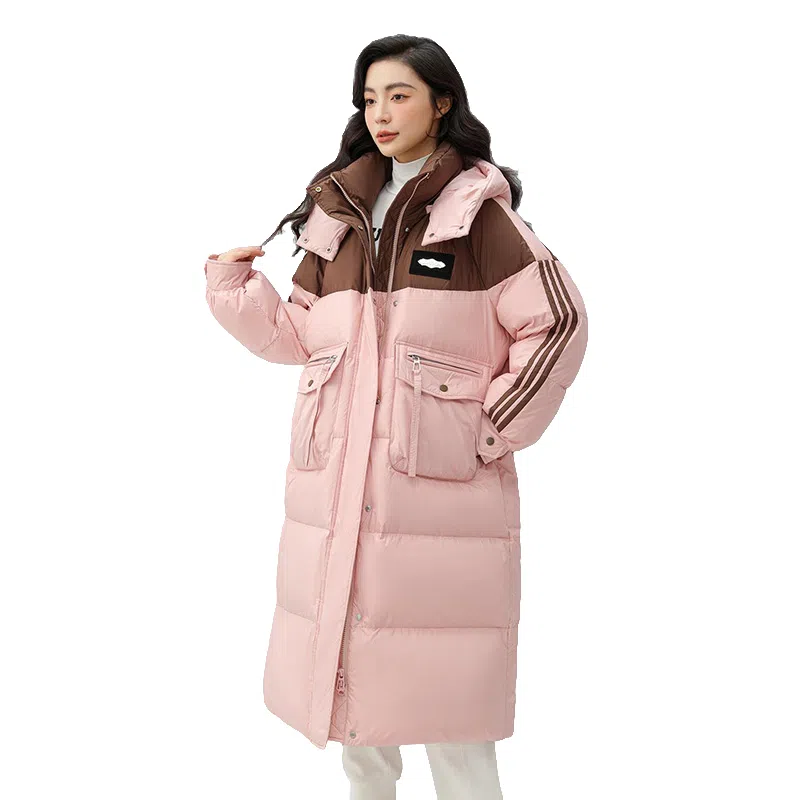 鸭鸭 连帽撞色拼接加厚保暖时尚韩版甜美风森系通勤羽绒服 女款