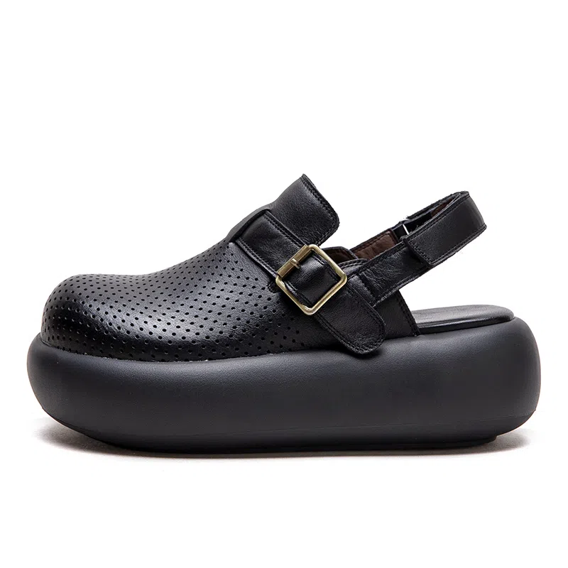 杰骤 头层牛皮 镂空透气 厚底增高 休闲单鞋 女款