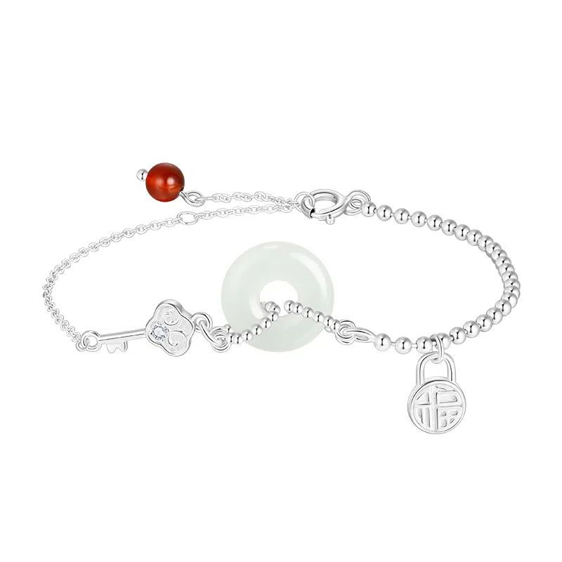 中国珠宝 新中式平安扣福字钥匙拼接转运复古国风简约高级气质可调节 玉髓 玉石手链 女款