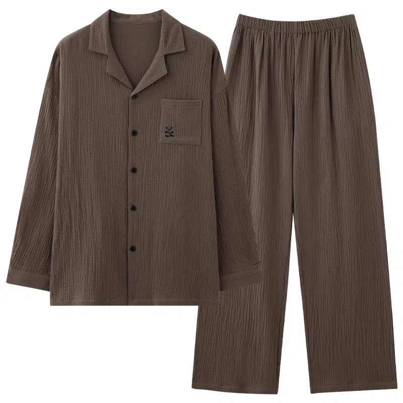 鸭鸭 亲肤休闲长袖舒适简约长裤睡衣套装 男款 深棕色