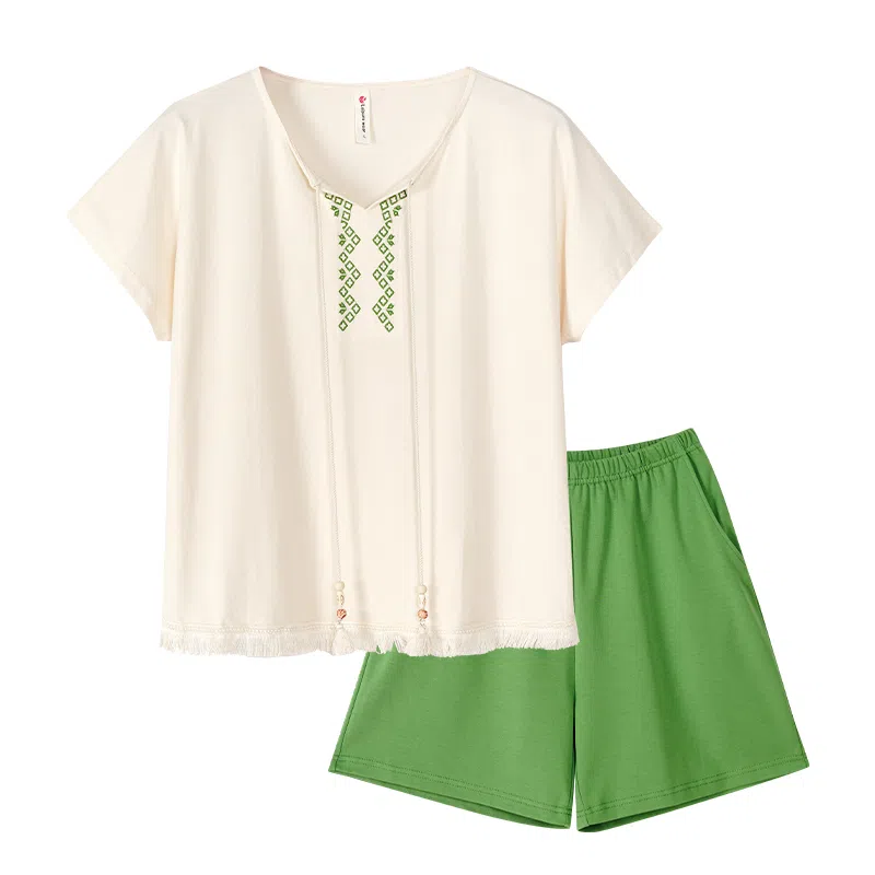 歌倩雅 休闲舒适短袖亲肤简约短裤睡衣套装 女款 图色