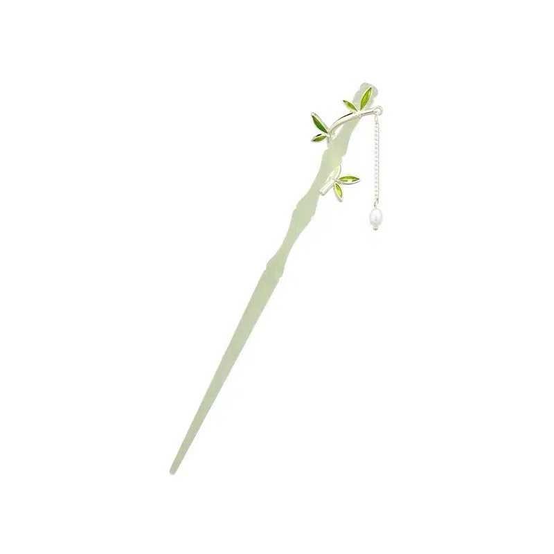 尚先生 新中式竹叶流苏搭配马面裙的头饰发簪高级仿玉石竹子步摇国风盘发 发饰 女款