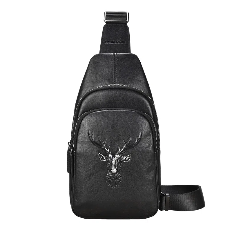 老人头 美式复古腰包 潮牌男士鹿头单肩斜挎包休闲 胸包 常规 男款 黑色