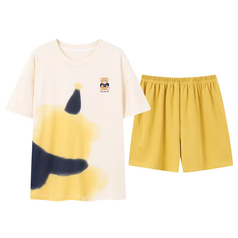 贴身领域 夏季 小熊卡通印花短袖纯棉透气可外穿舒适短裤睡衣套装 女款 杏色