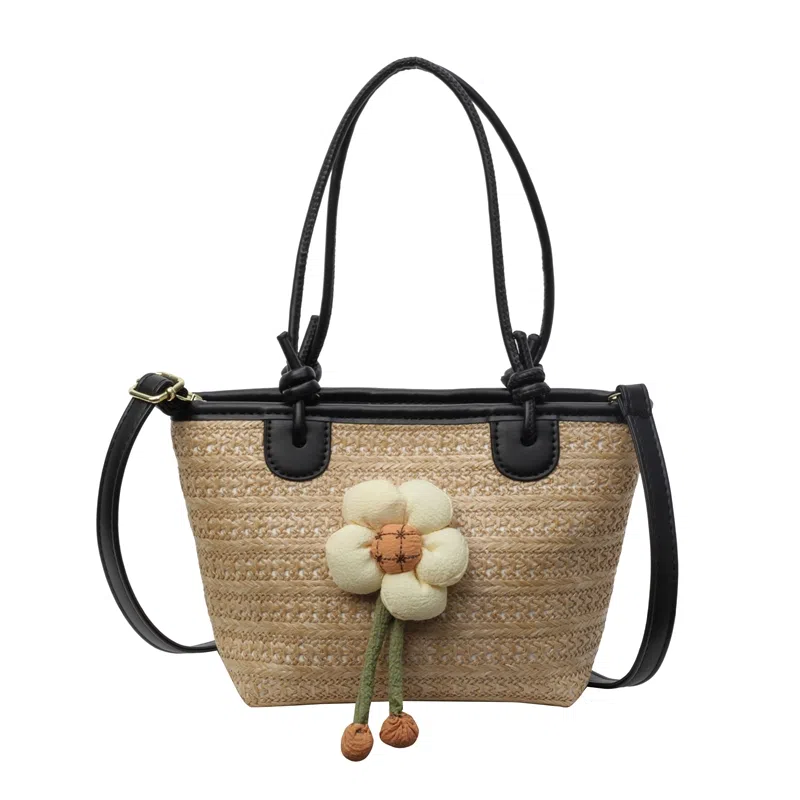 伊曼家 编织包包海边百搭沙滩包水桶包 草编 单肩包 女款 黑色/棕色