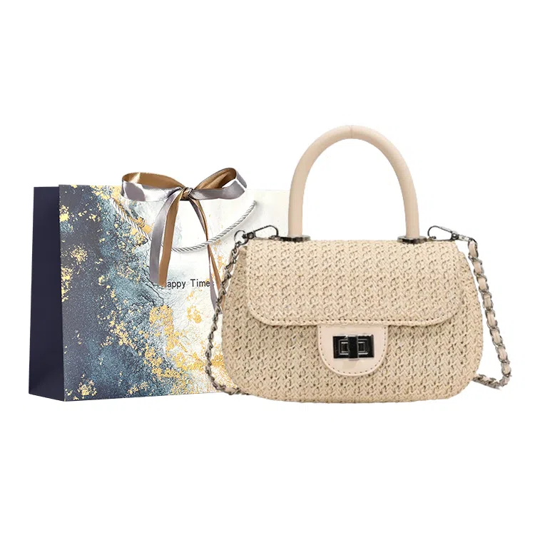 伊曼家 时尚编织小香风斜挎包 草编 单肩包 女款 米色/卡其色