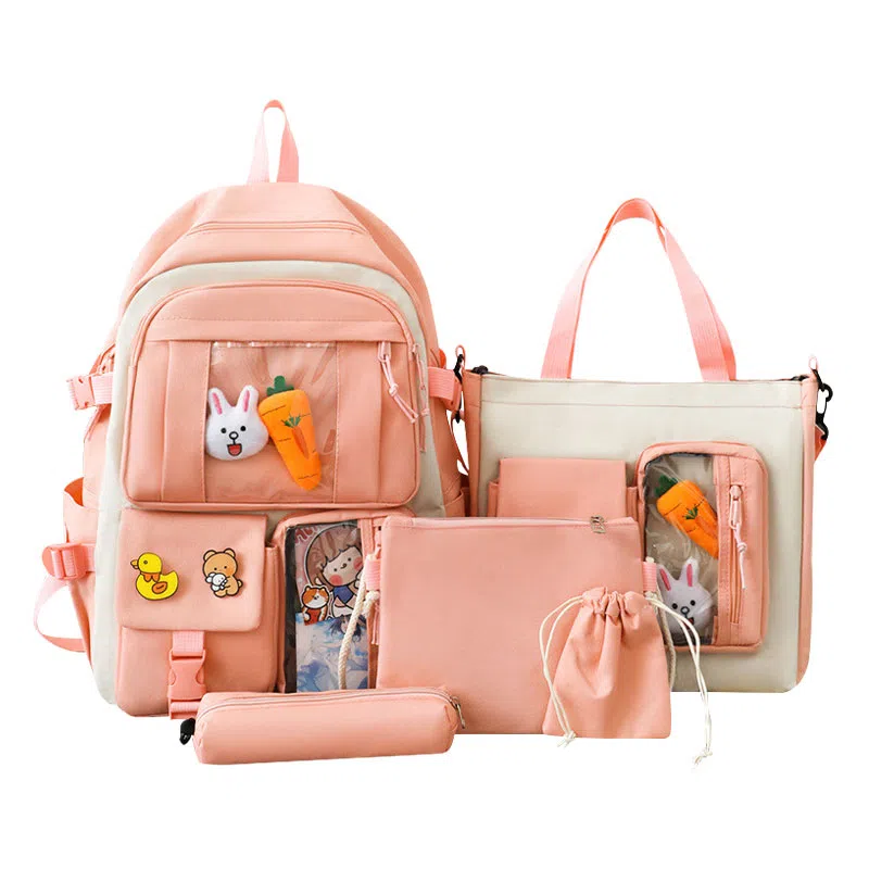 艾妮兔 五件套初中高中生小学生尼龙女大容量双肩包 女款 多色