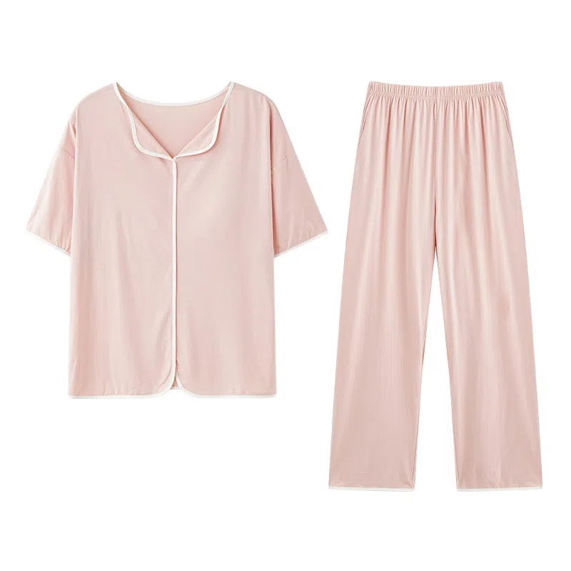 欧迪芬 莫代尔凉感带胸垫透气套头短袖纯色休闲长裤可外穿睡衣套装 女款