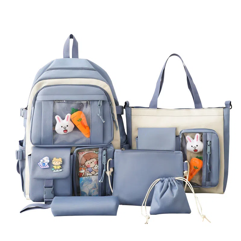 艾妮兔 五件套初中高中生小学生尼龙女大容量双肩包 女款 多色