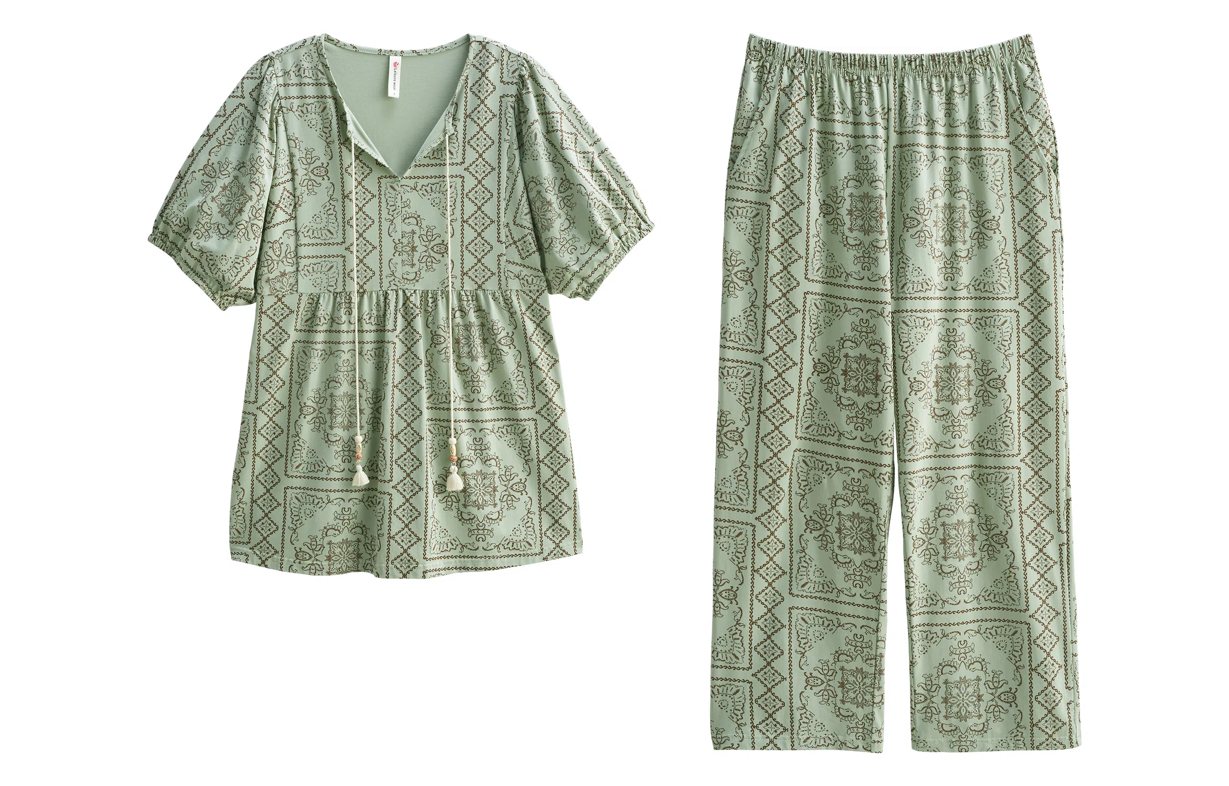 歌倩雅 薄款时尚民族风短袖长裤家居服夏季睡衣套装 女款 绿色