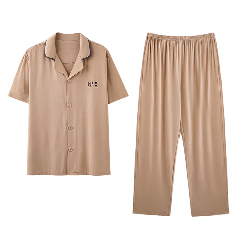 欧迪芬 印花简约翻领短袖上衣纯色凉感透气长裤睡衣套装 男款 棕色白