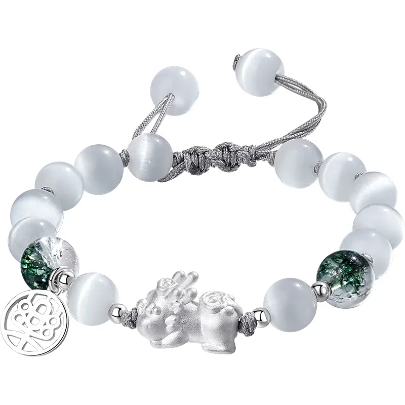 秦福炫 福禄貔貅新中式国潮招财貔貅转运珠本命年平安纳福可调节编织绳手链 猫眼石 玉石手串 女款