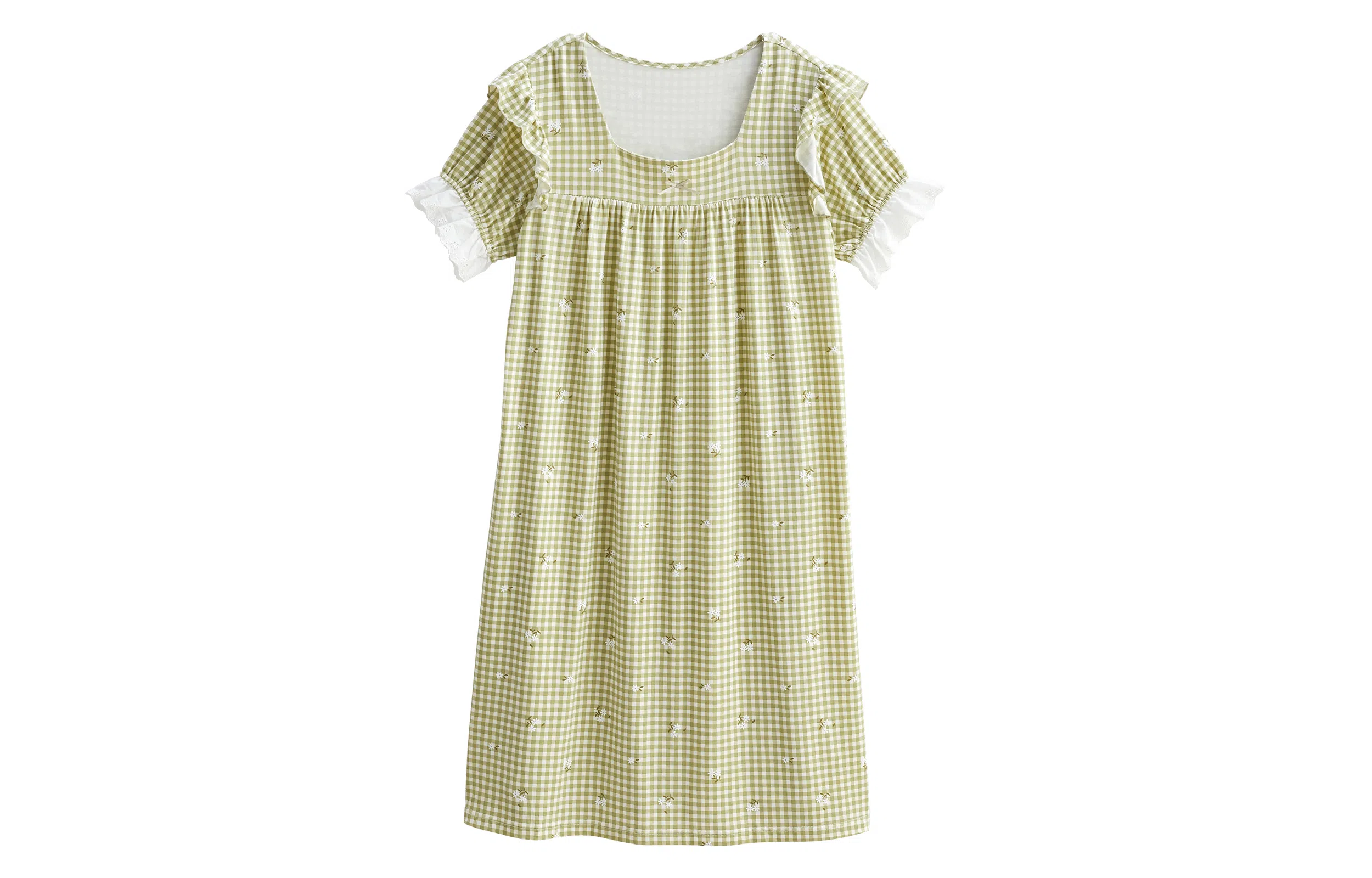 歌倩雅 甜美可爱公主风格子短袖睡衣夏季睡裙 女款 浅绿色