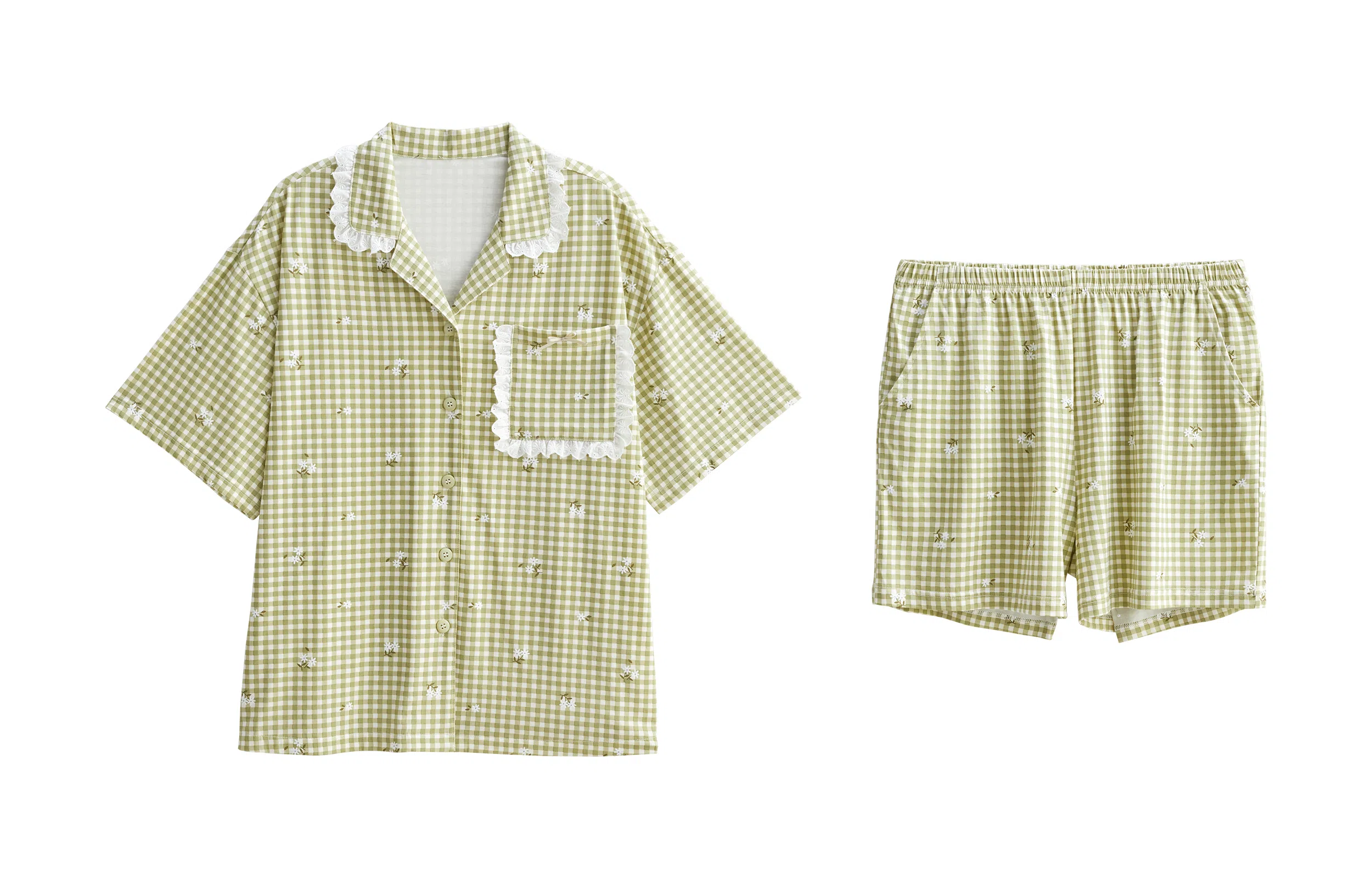 歌倩雅 清新时尚格子短袖三分裤睡衣套装 女款 绿色