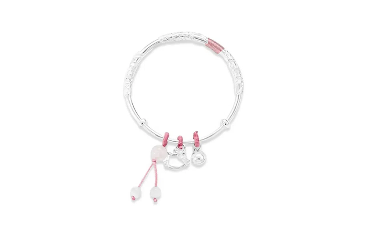 牧言 气质复古新中式小众设计高级感 光面镂空花丝树叶萌趣猫猫铃铛流苏推拉可调节手饰 合金 繁花似锦猫咪手镯 女款