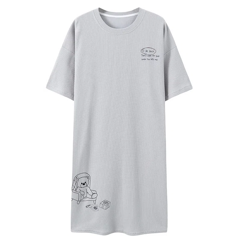 贴身领域 卡通熊印花华夫格薄款纯棉圆领套头短袖休闲可外穿睡衣睡裙 女款 灰色