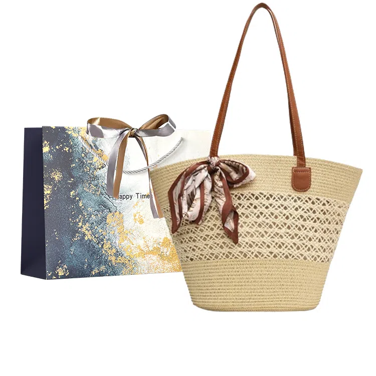 伊曼家 草编包包女大容量编织菜篮子包度假沙滩包法式通勤托特包 织物 单肩包 常规 女款 米色/卡其色