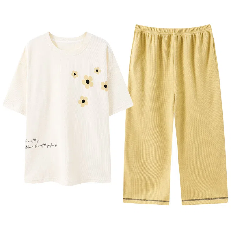 贴身领域 时尚圆领短袖七分短裤带口袋可外穿棉质休闲家居服夏季睡衣套装 女款 米黄