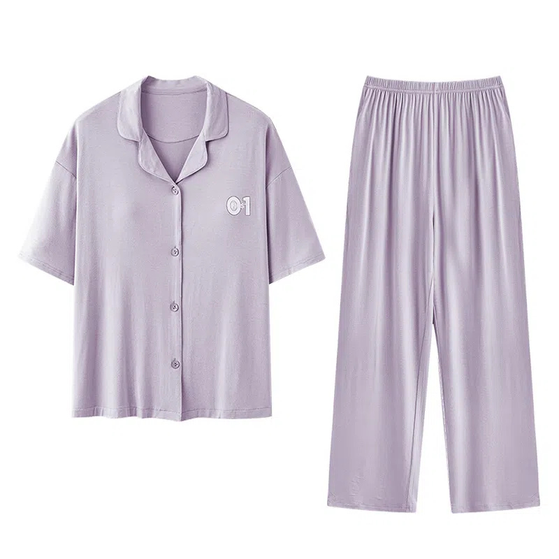欧迪芬 莫代尔凉感透气亲肤舒适翻领开衫短袖休闲纯色简约风睡衣套装 女款 紫色
